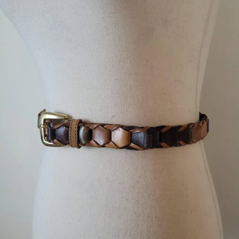 Colorful Leather‎ Belt XL Brown Blue Braided Woven Boho Vintage 80s Festival